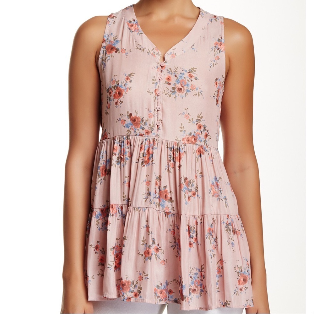 RO & DE Womens Floral Print Button Front Sleeveless Tiered Ruffle Hem Size Small